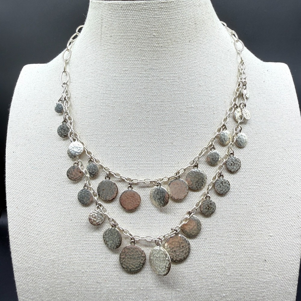 Silver Tone Hammered Disc Multi Strand Coin Charm Necklace Boho Statement Gift